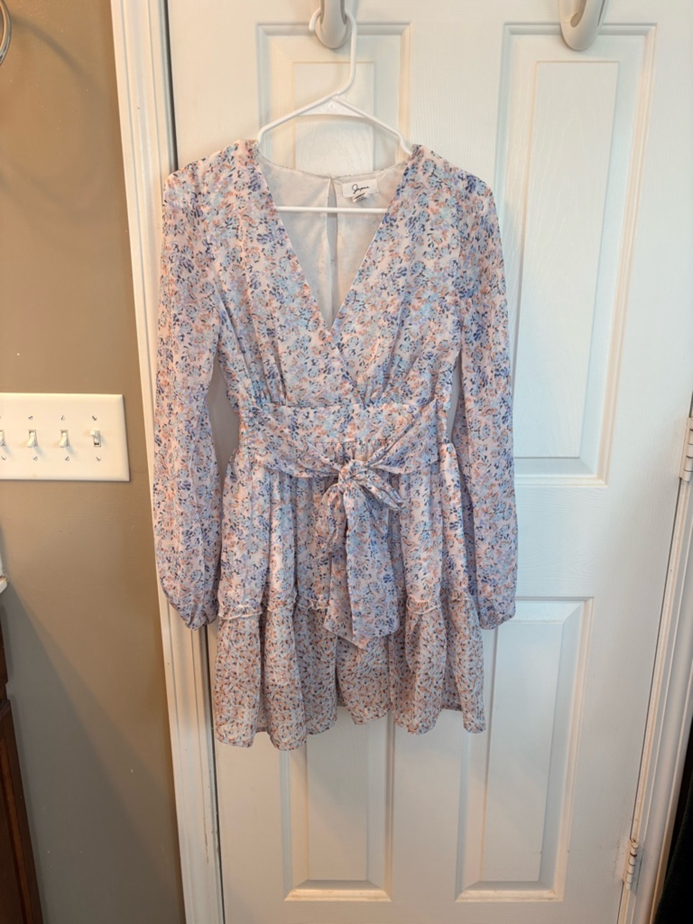 Floral Long-Sleeve Tie-Waist Romper - Light Blue & Pink